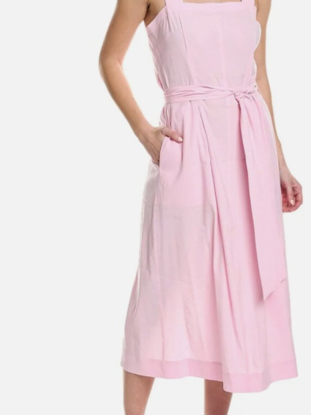 Vince belted square neck linen-blend midi dress
